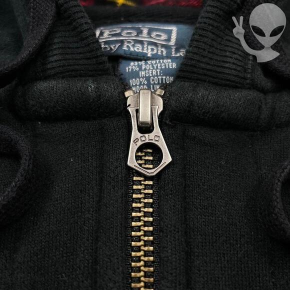 Polo Ralph Lauren Hoodie 2XL Black Double Zipper Plaid Lined Hood Big Pony 90s - Picture 3 of 7